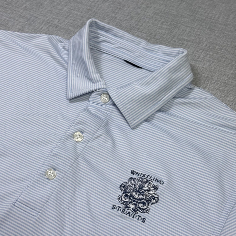 Dunning Whistling Straits Golf Polo Shirt Mens Large Blue Striped Performance